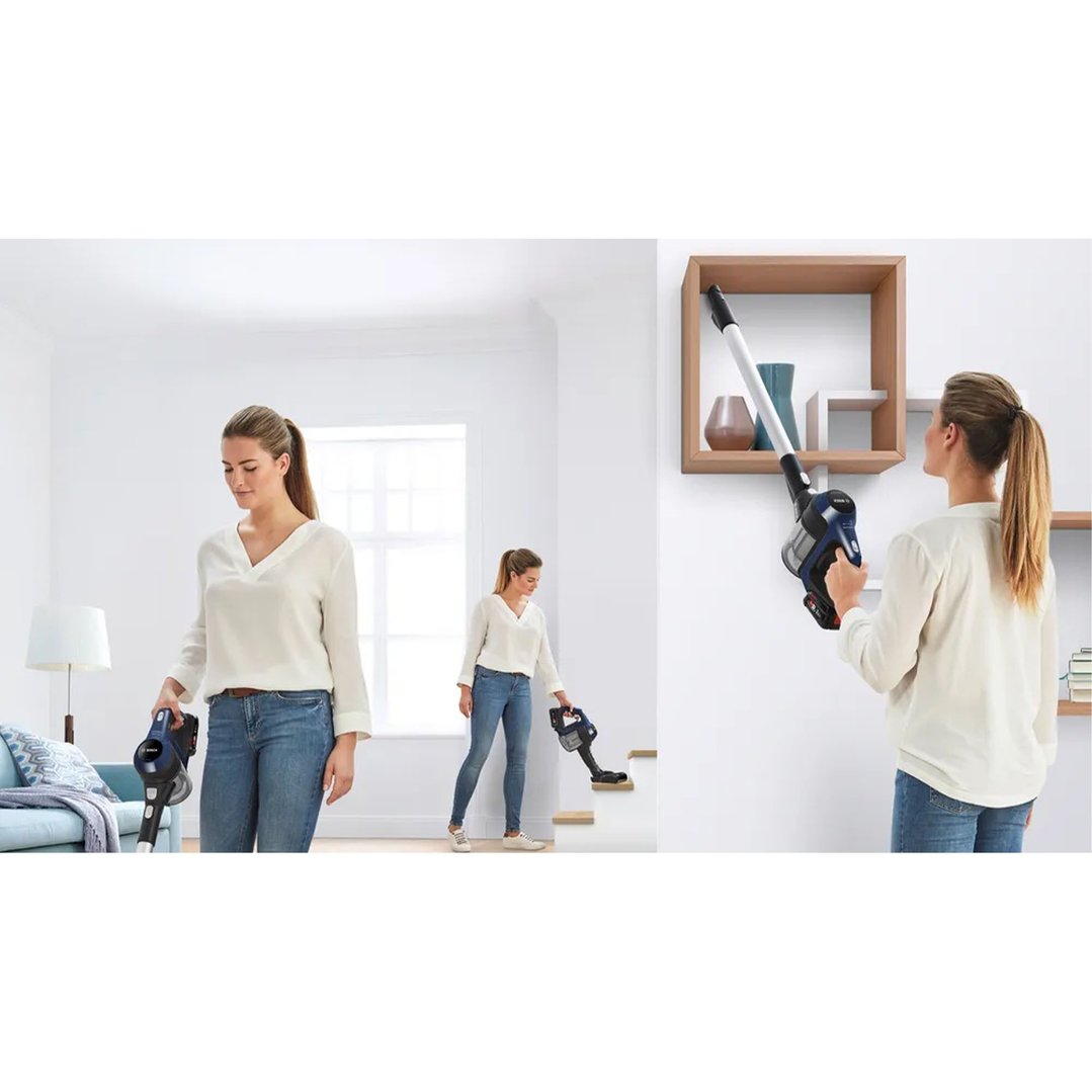 Woman using a Bosch rechargeable vacuum cleaner to clean a living room and stairs