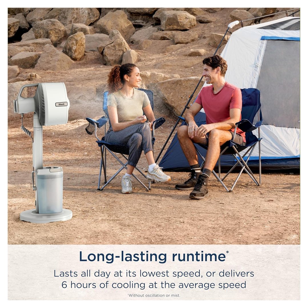 Shark FlexBreeze Pro Mist fan cooling a couple camping outdoors