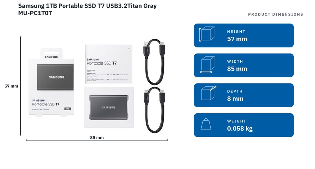Samsung 1TB Portable SSD T7 USB3.2Titan Gray MU-PC1T0T — product dimensions
