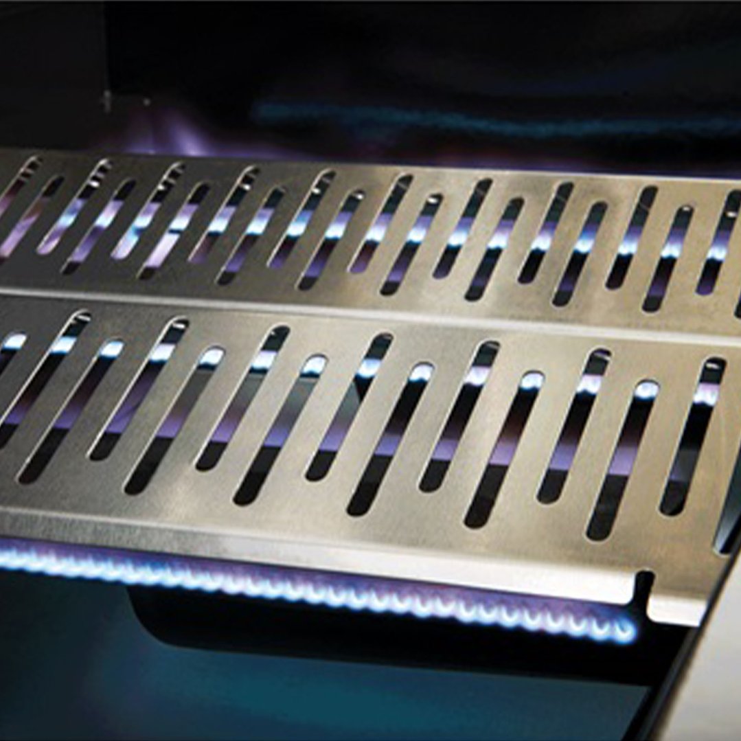 Close up of a barbecue grill with blue flames visible through the grates