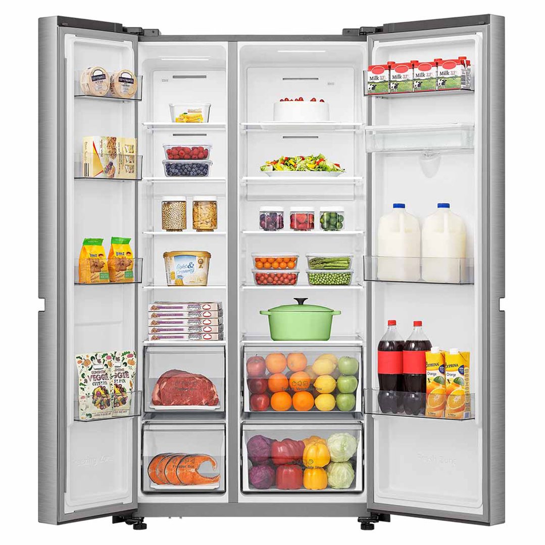 Side-by-side fridge with both doors open, filled with food and drinks