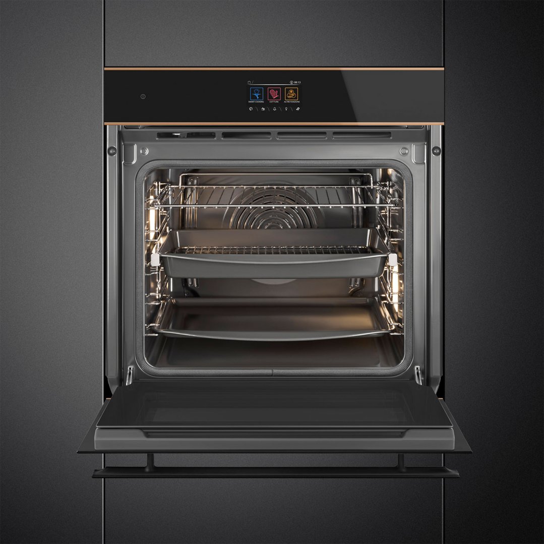 Built-in oven with door open showing interior racks and trays