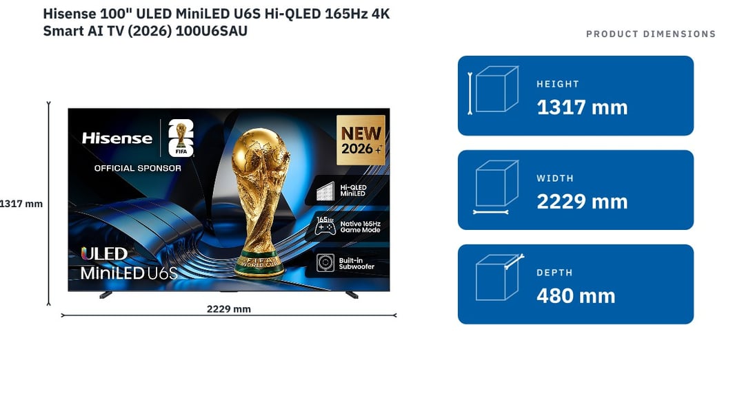Hisense 100" ULED MiniLED U6S Hi-QLED 165Hz 4K Smart AI TV (2026) 100U6SAU