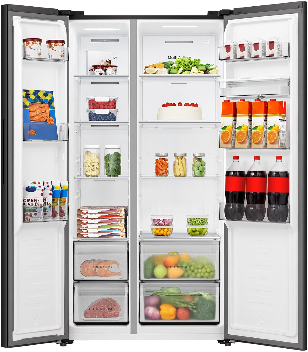 Open side-by-side fridge with various food items on shelves and in drawers