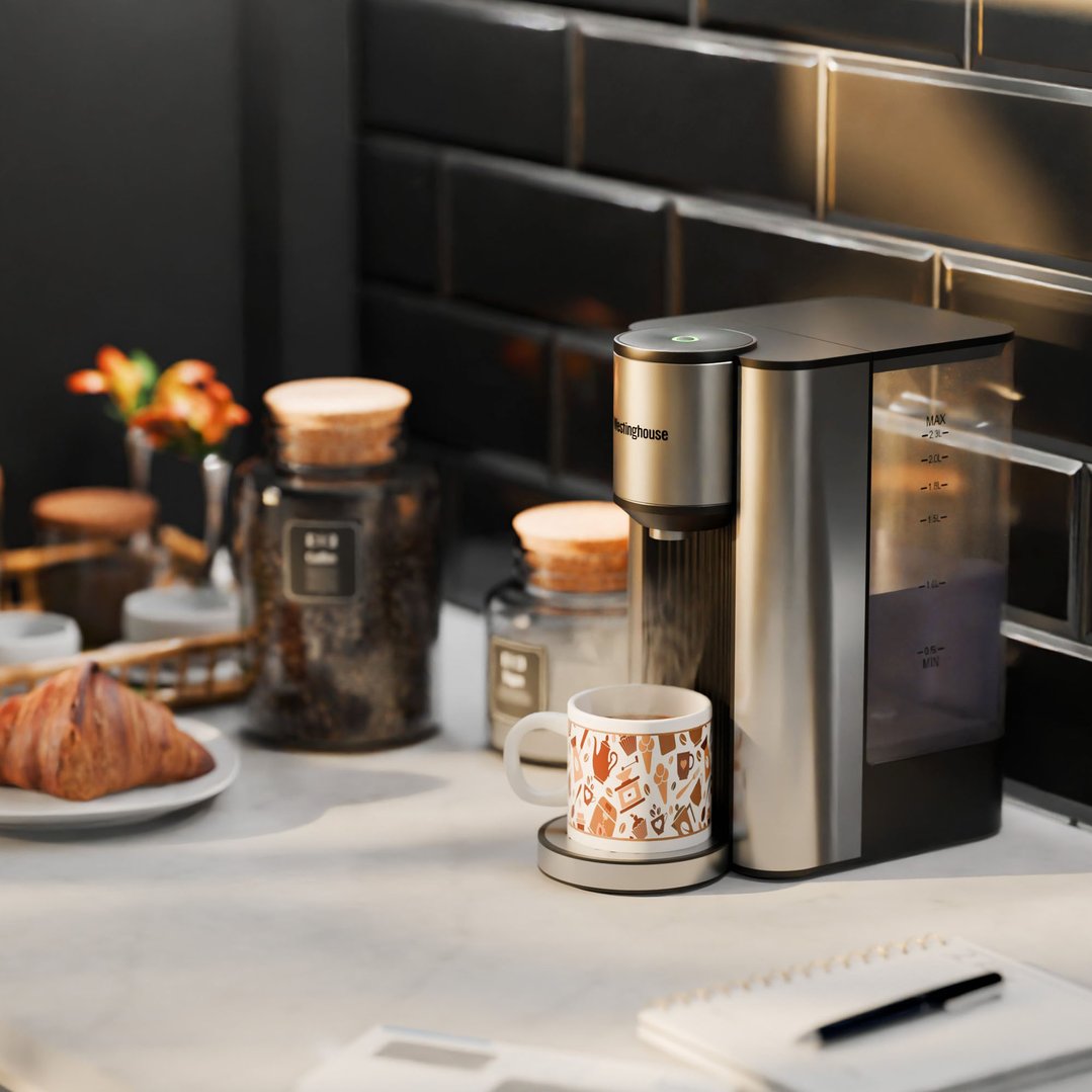 Instant Hot Water Dispenser on a kitchen counter with a mug and croissant