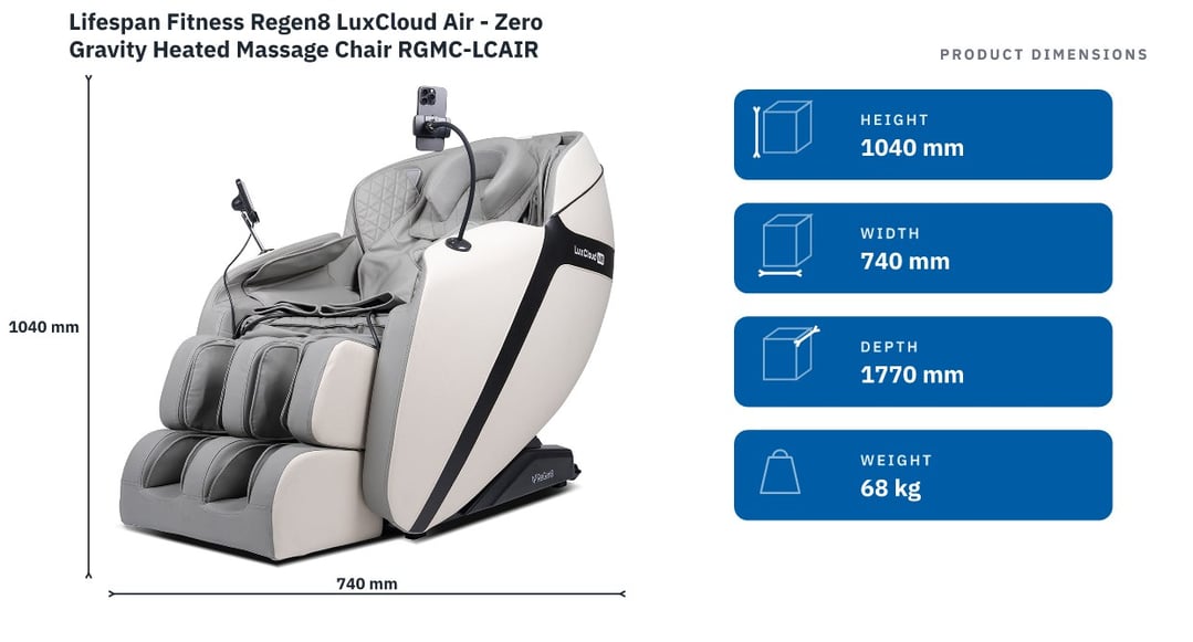 Lifespan Fitness Regen8 LuxCloud Air - Zero Gravity Heated Massage Chair RGMC-LCAIR — product dimensions
