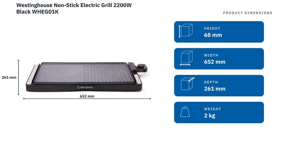 Westinghouse Non-Stick Electric Grill 2200W Black WHEG01K — product dimensions
