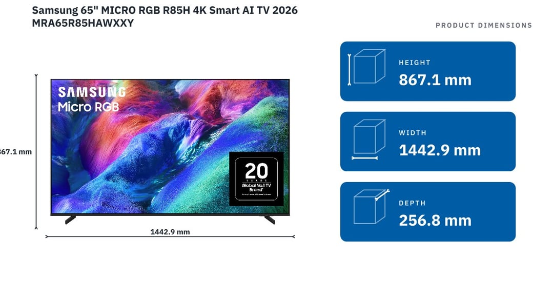 Samsung 65" MICRO RGB R85H 4K Smart AI TV 2026 MRA65R85HAWXXY — product dimensions
