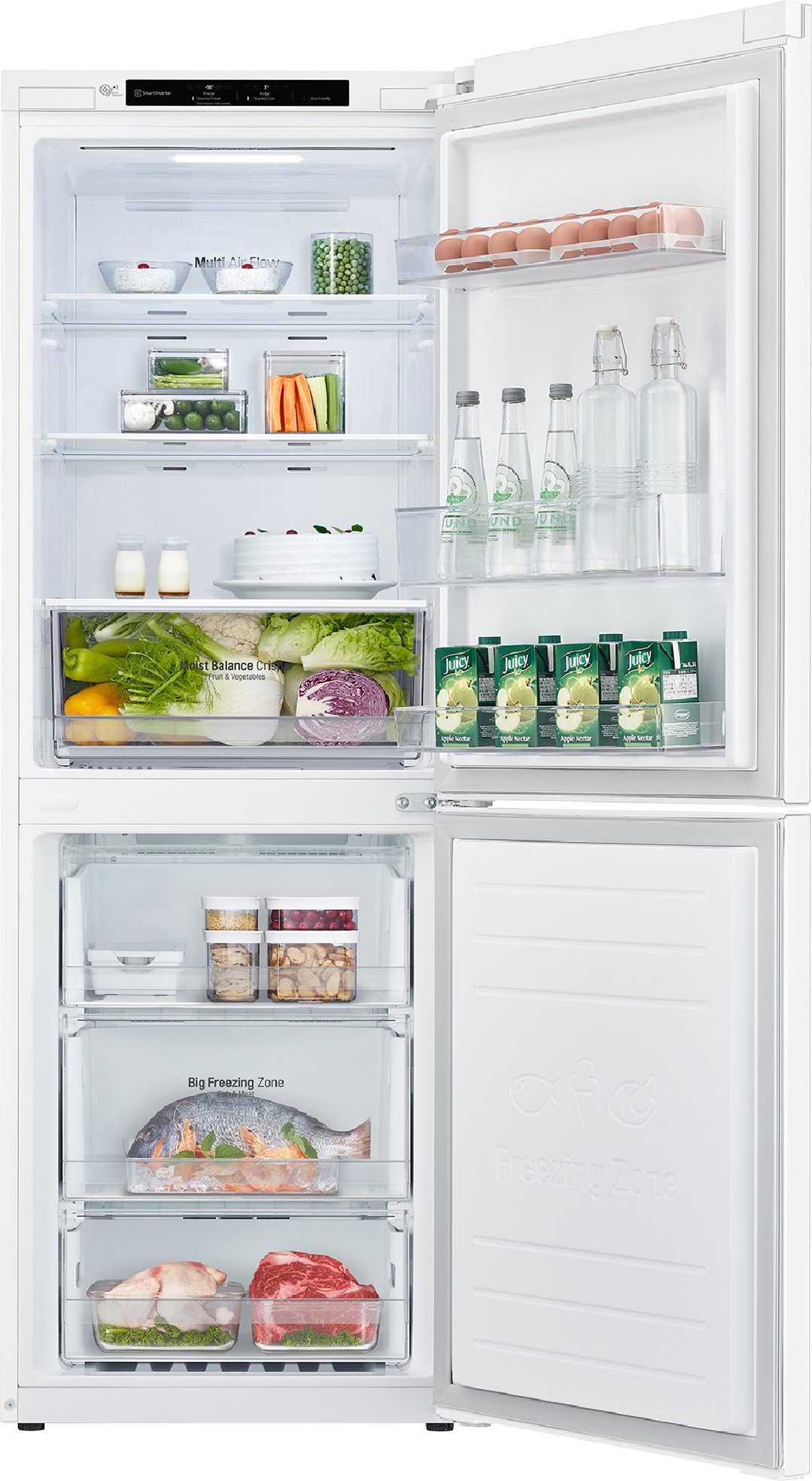 Open LG bottom mount fridge showing food and drinks inside