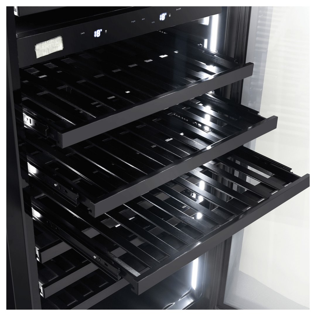 Close-up of the interior of a wine cooler with multiple black wire shelves
