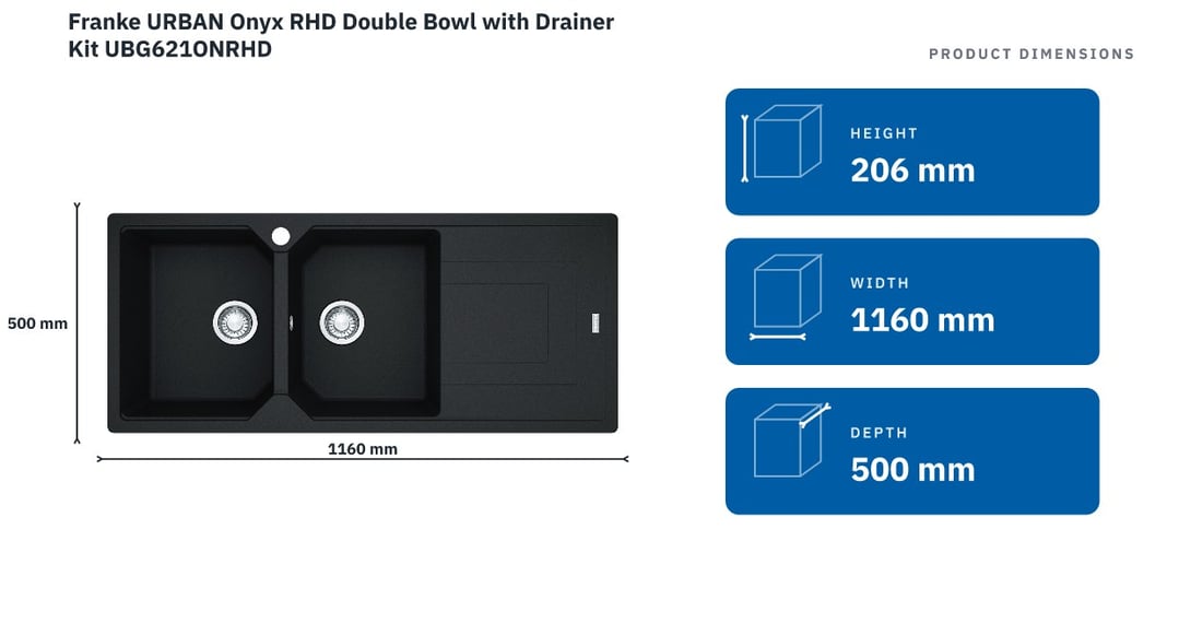 Franke URBAN Onyx RHD Double Bowl with Drainer Kit UBG621ONRHD — product dimensions