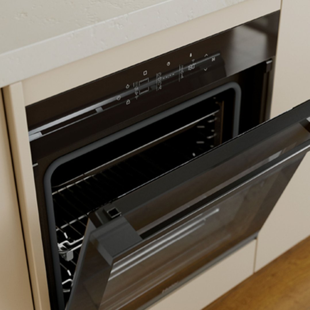 Built-in oven with its door partially open, showing the interior racks