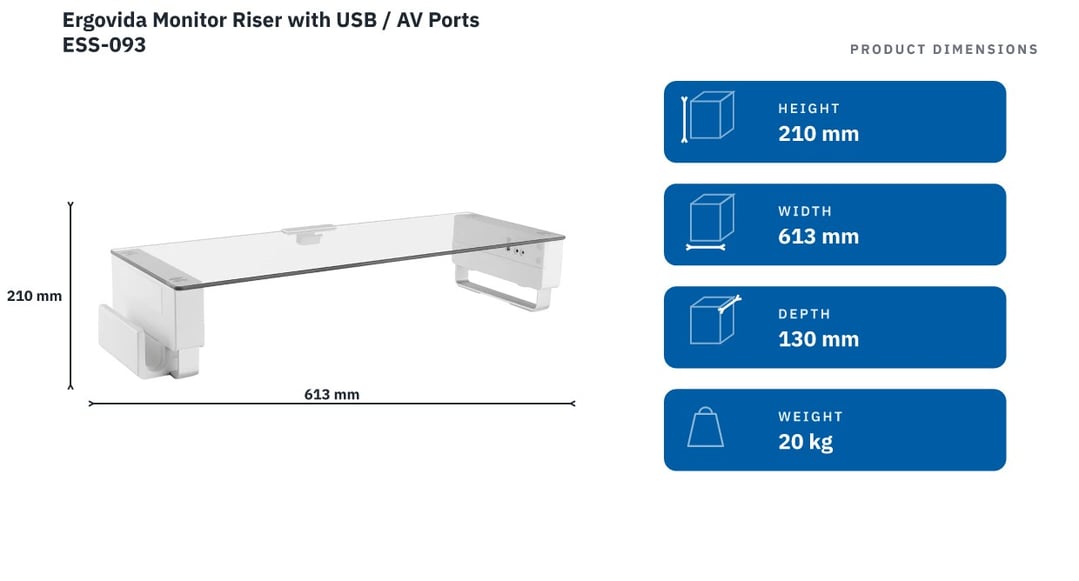 Ergovida Monitor Riser with USB / AV Ports ESS-093 — product dimensions