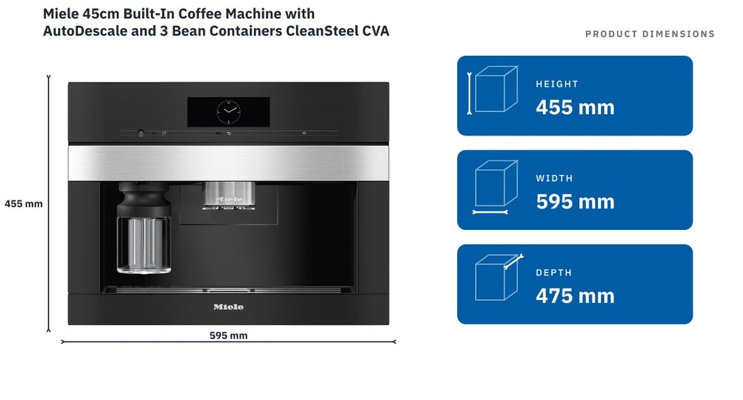 Miele 45cm Built-In Coffee Machine with AutoDescale and 3 Bean Containers CleanSteel CVA7840 — product dimensions