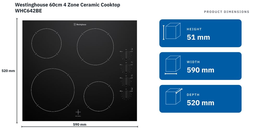 Westinghouse 60cm 4 Zone Ceramic Cooktop WHC642BE — product dimensions