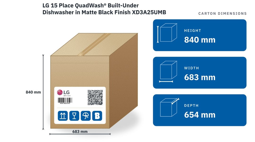 LG 15 Place QuadWash® Built-Under Dishwasher in Matte Black Finish XD3A25UMB — packaged dimensions