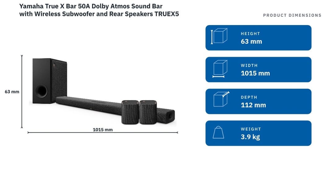 Yamaha True X Bar 50A Dolby Atmos Sound Bar with Wireless Subwoofer and Rear Speakers TRUEX50A — product dimensions