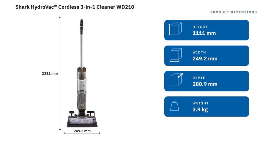 Shark HydroVac™ Cordless 3-in-1 Cleaner WD210 — product dimensions