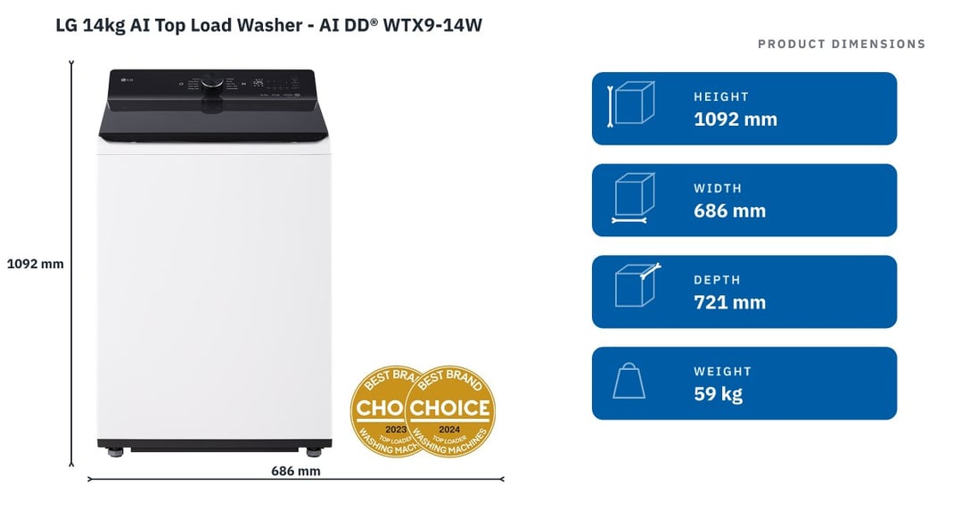 LG 14kg AI Top Load Washer - AI DD® WTX9-14W — product dimensions