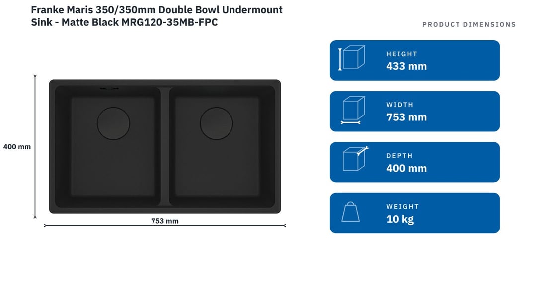 Franke Maris 350/350mm Double Bowl Undermount Sink - Matte Black MRG120-35MB-FPC