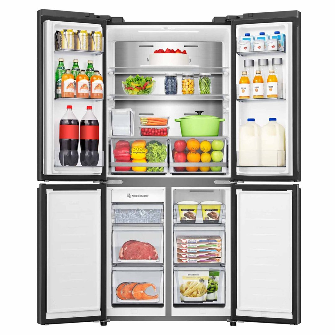 Open French door fridge with food and drinks inside
