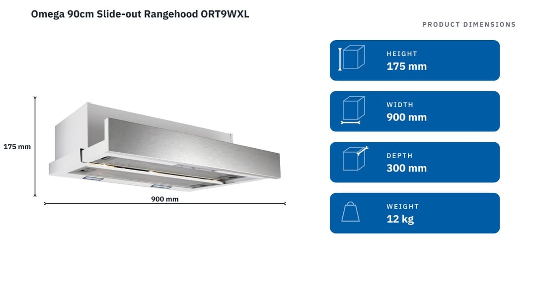 Omega 90cm Slide-out Rangehood ORT9WXL — product dimensions