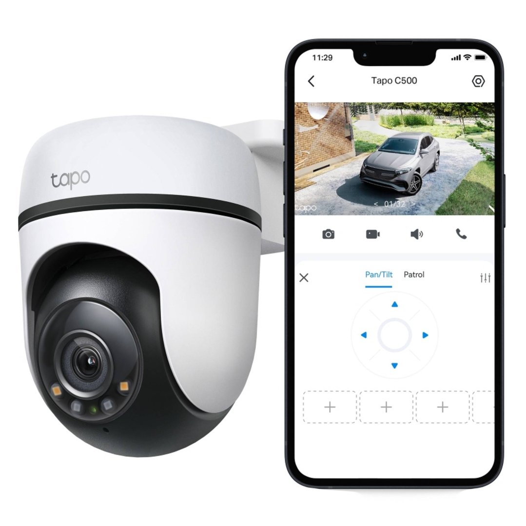 Tapo outdoor pan/tilt security Wi-Fi camera next to a smartphone displaying its app