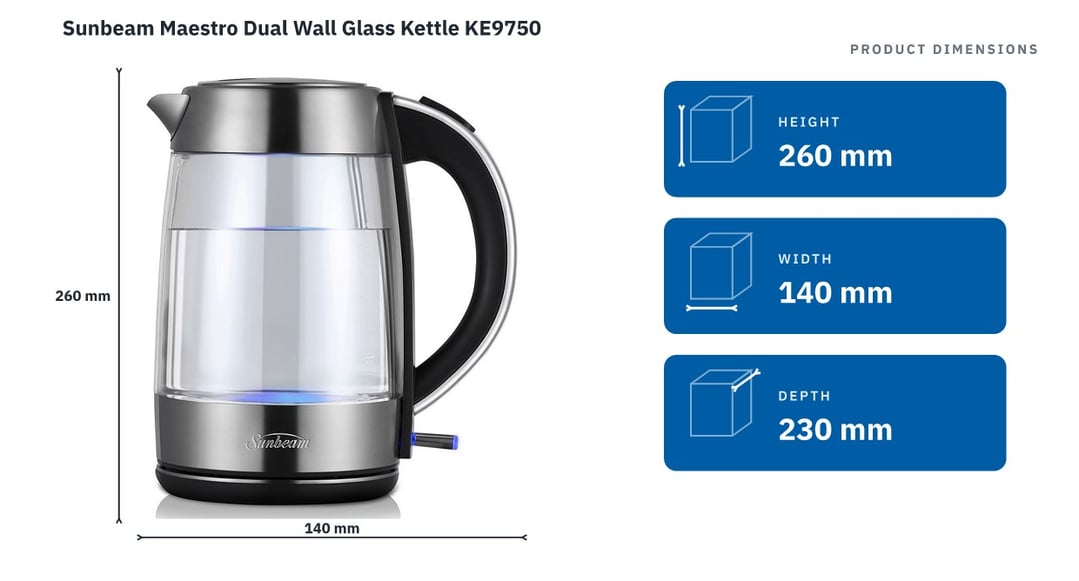 Sunbeam Maestro Dual Wall Glass Kettle KE9750 — product dimensions