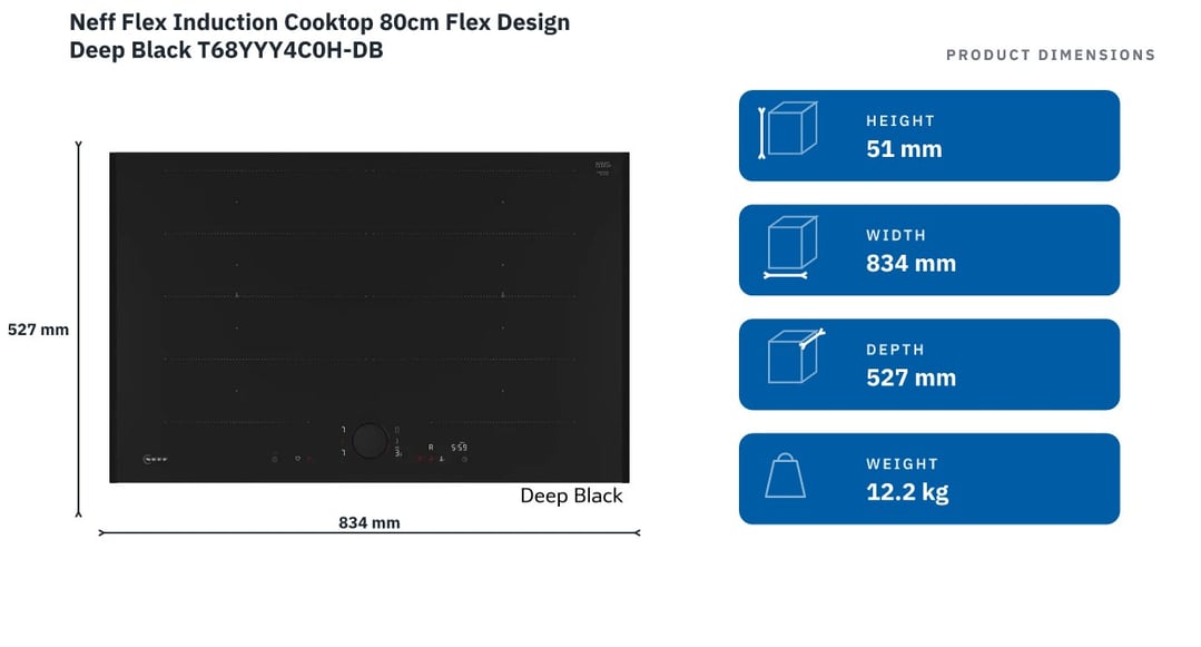 Neff Flex Induction Cooktop 80cm Flex Design Deep Black T68YYY4C0H-DB — product dimensions
