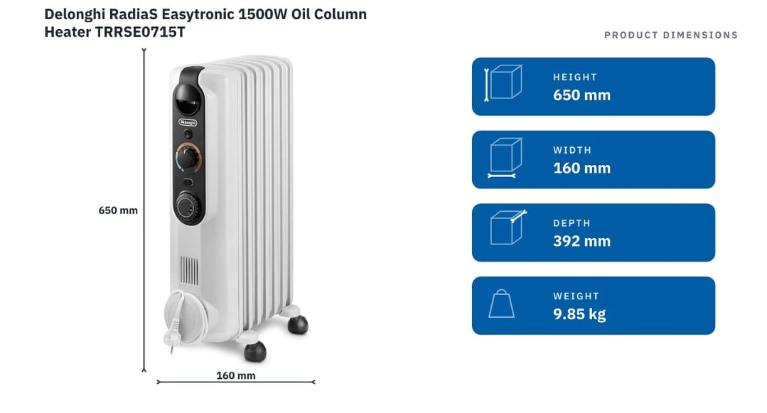 Delonghi RadiaS Easytronic 1500W Oil Column Heater TRRSE0715T — product dimensions