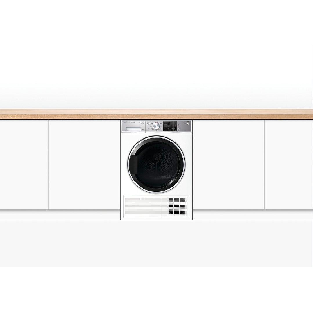 Fisher & Paykel 9kg Series 9 Heat Pump Dryer integrated into white cabinetry