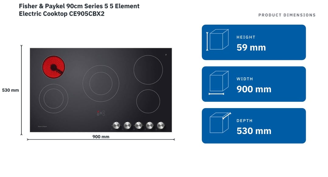 Fisher & Paykel 90cm Series 5 5 Element Electric Cooktop CE905CBX2 — product dimensions