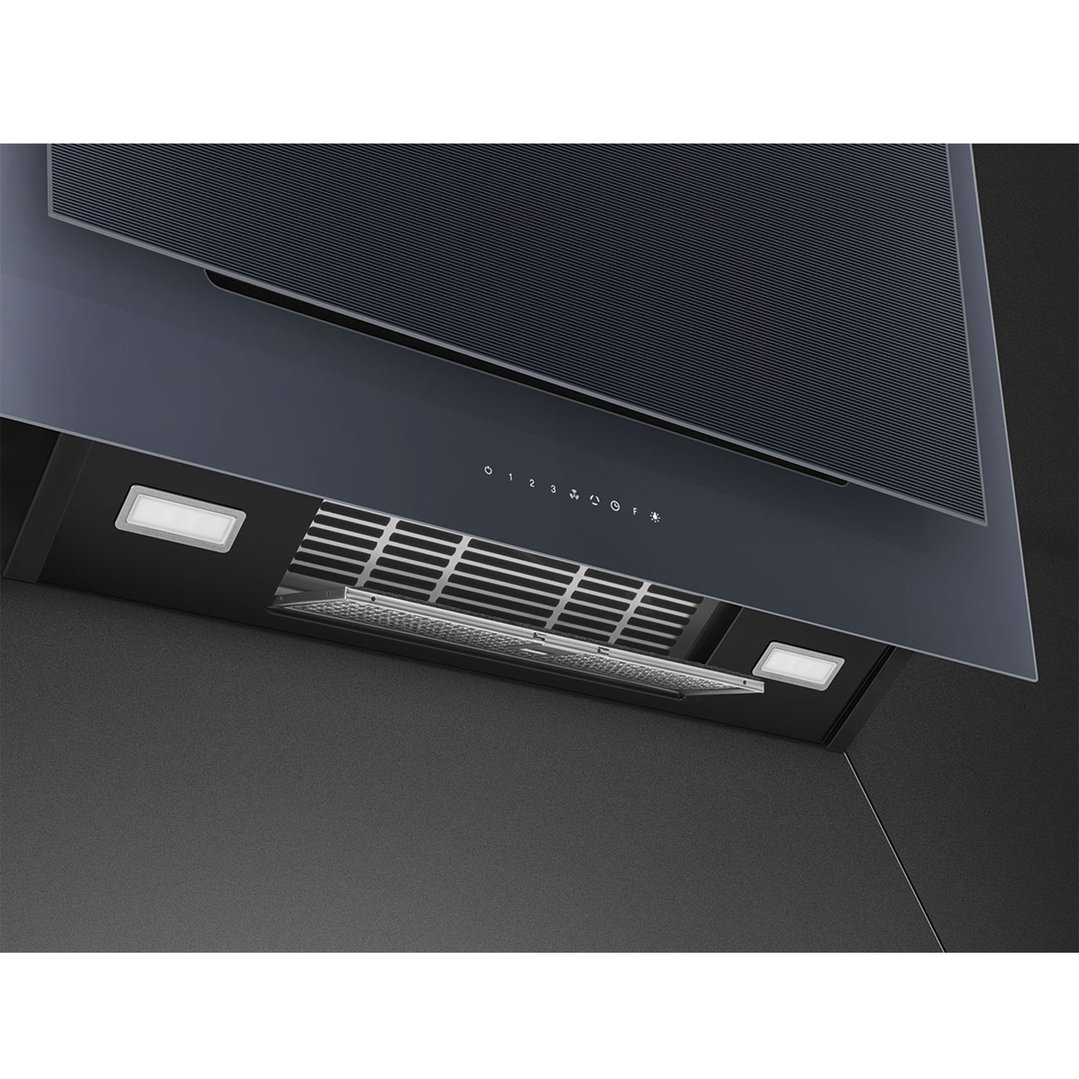 Close-up of a dark grey rangehood with illuminated controls and lights