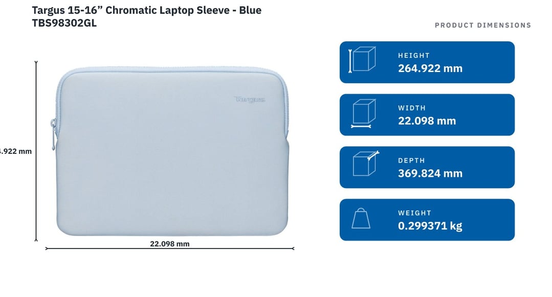 Targus 15-16” Chromatic Laptop Sleeve - Blue TBS98302GL — product dimensions