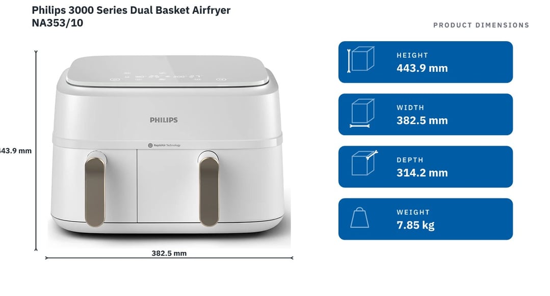 Philips 3000 Series Dual Basket Airfryer NA353/10 — product dimensions