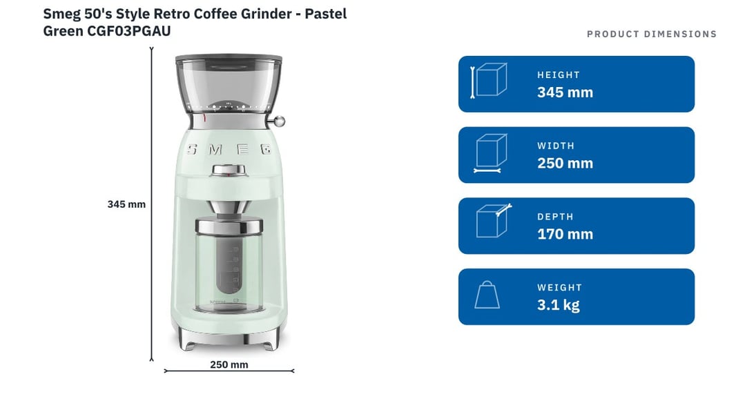 Smeg 50's Style Retro Coffee Grinder - Pastel Green CGF03PGAU — product dimensions