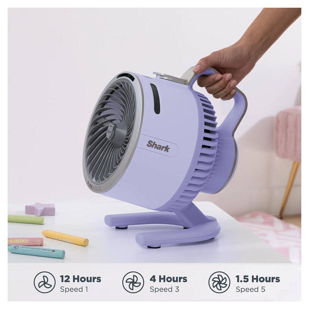 Hand holding a lilac Shark FlexBreeze HydroGo Misting Portable Fan on a white table