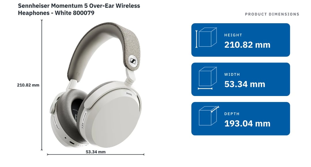 Sennheiser Momentum 5 Over-Ear Wireless Heaphones - White 800079 — product dimensions