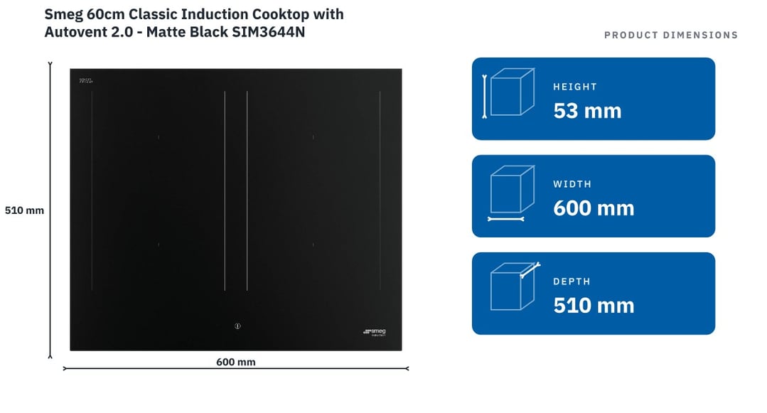 Smeg 60cm Classic Induction Cooktop with Autovent 2.0 - Matte Black SIM3644N — product dimensions