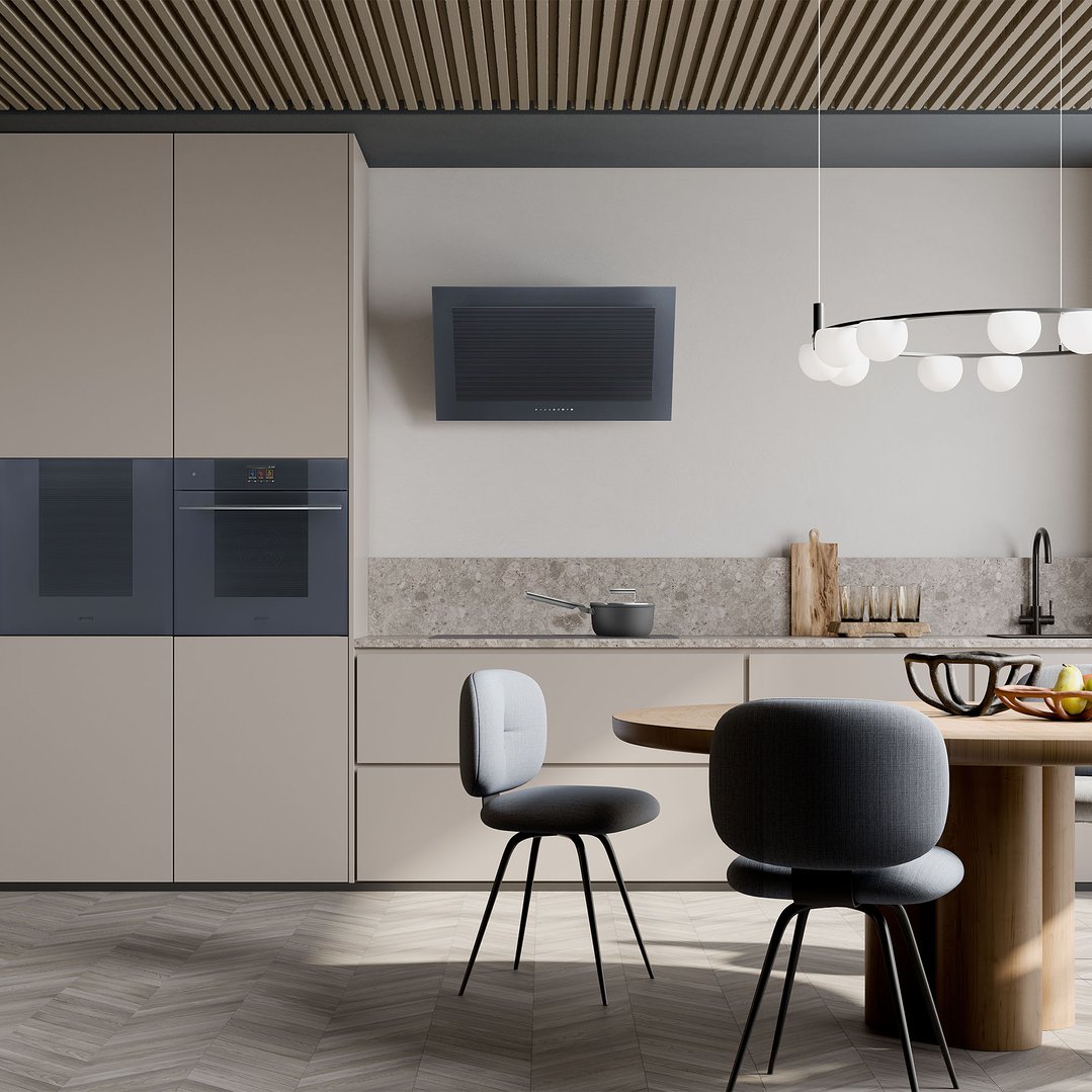 Linea 90cm Vertical Rangehood in a modern kitchen with ovens and dining area