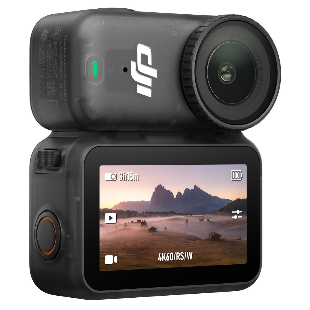 DJI Osmo Nano camera displaying a scenic landscape on its screen