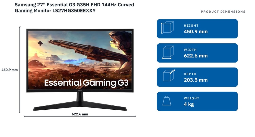 Samsung 27" Essential G3 G35H FHD 144Hz Curved Gaming Monitor LS27HG350EEXXY — product dimensions