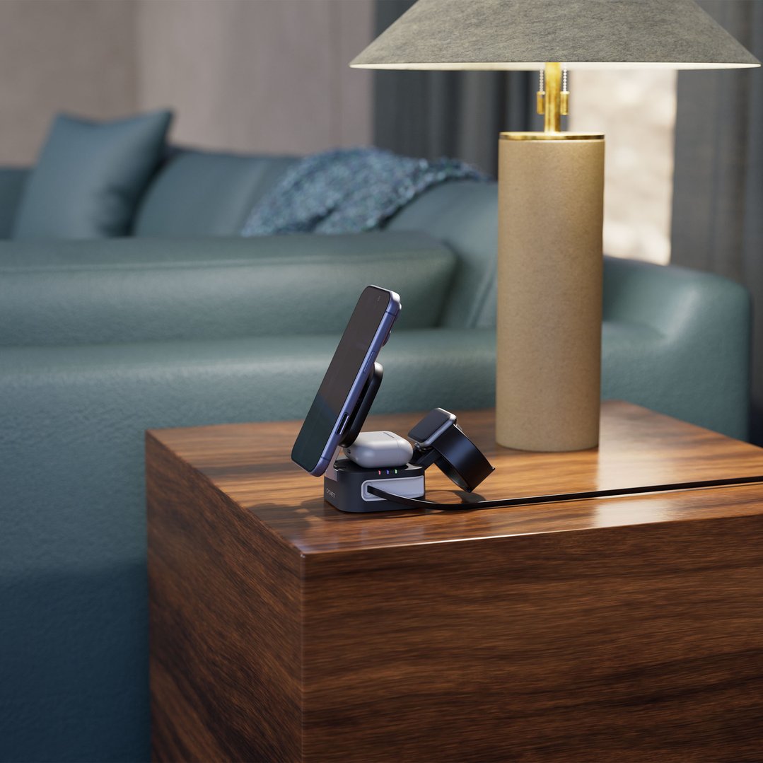 Cygnett ChargeBase Wireless 3-in-1 Charger with Retractable USB-C Cable – Black CY5852WCCRC