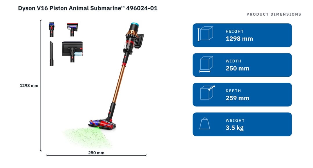 Dyson V16 Piston Animal Submarine™ 496024-01 — product dimensions