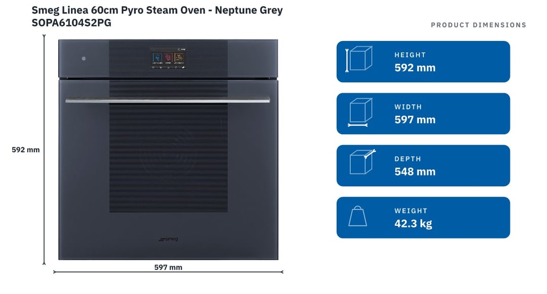 Smeg Linea 60cm Pyro Steam Oven - Neptune Grey SOPA6104S2PG — product dimensions