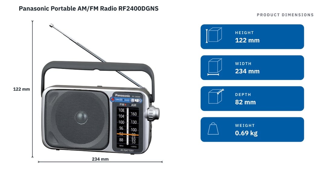 Panasonic Portable AM/FM Radio RF2400DGNS — product dimensions