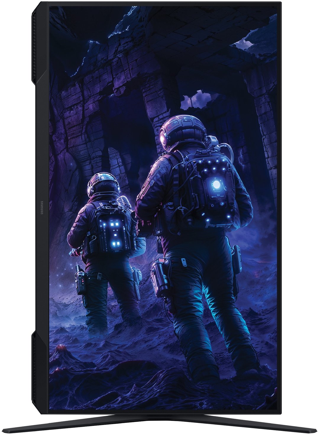 Gaming monitor displaying two astronauts exploring a dark, rocky, alien landscape
