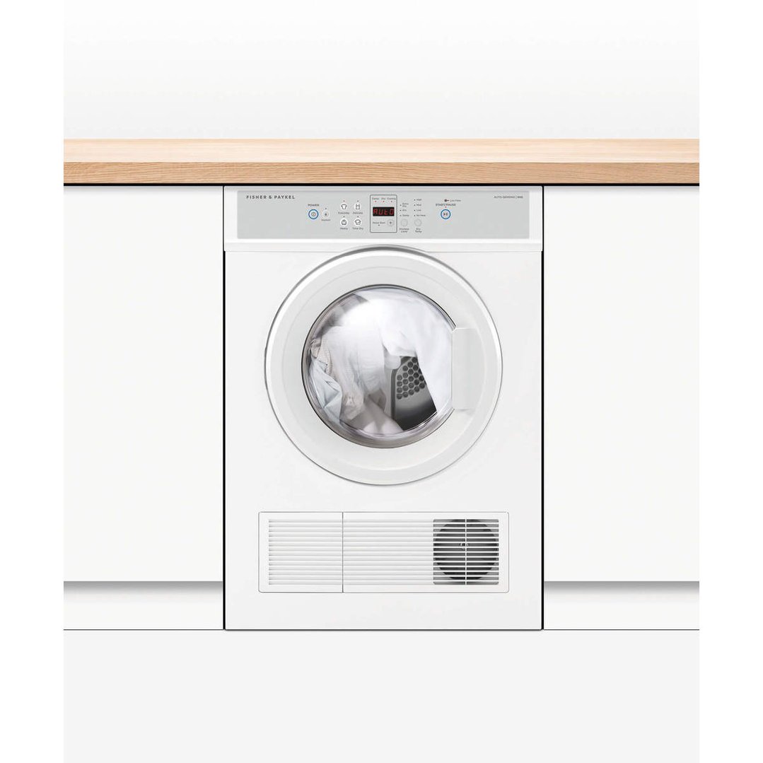 White Fisher & Paykel vented dryer built into a kitchen or laundry