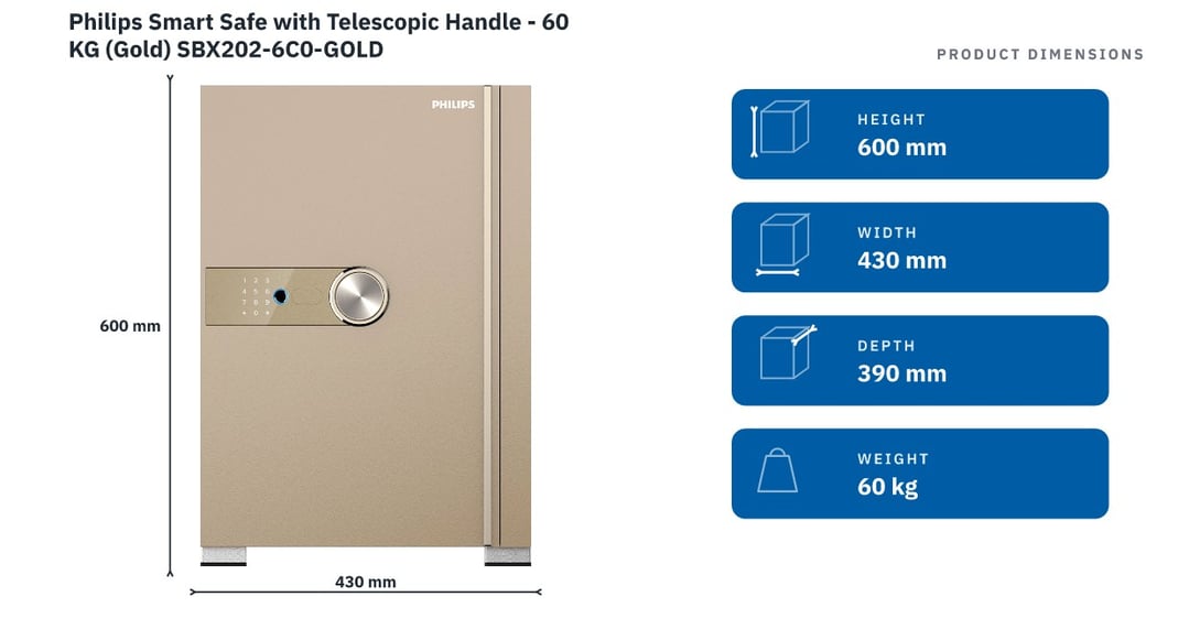 Philips Smart Safe with Telescopic Handle - 60 KG (Gold) SBX202-6C0-GOLD — product dimensions