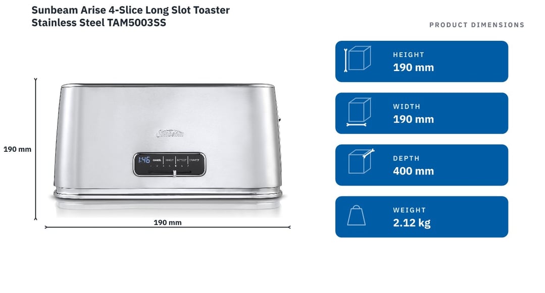 Sunbeam Arise 4-Slice Long Slot Toaster Stainless Steel TAM5003SS — product dimensions